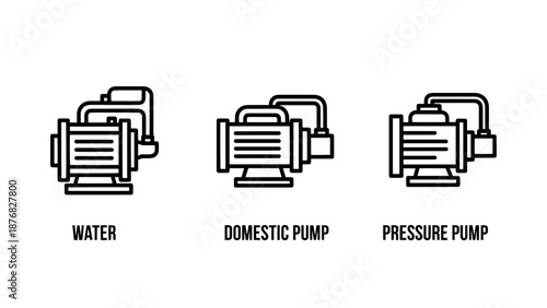 Simple line icons representing water pumps, including domestic and pressure pump types, for fluid handling and utilities.