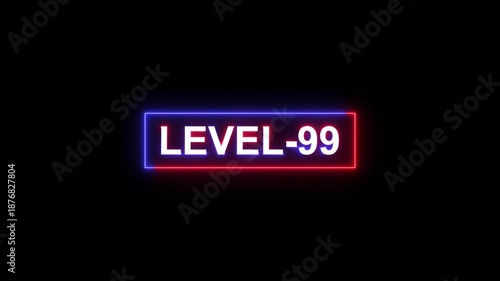 abstract neon level-99 text animation on black background.gaming level and upper level concept.