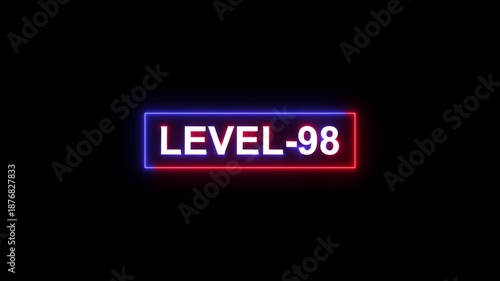 abstract neon level-98 text animation on black background.gaming level and upper level concept.