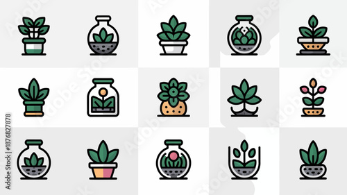 Set of simple cartoon potted plant and terrarium icons