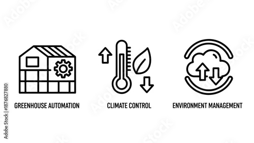 Simple line icons for greenhouse automation, climate control with thermometer and leaf, and environment management cloud.