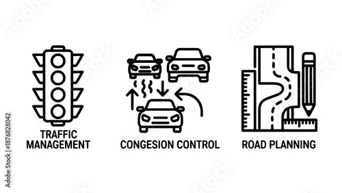 Traffic Management and Road Planning Engineering Icons for Urban Congestion Control Systems