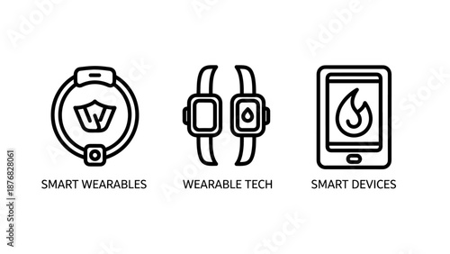 Wearable Tech Icons Featuring Smart Ring Smartwatch and Mobile Fitness Application Interface