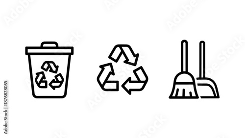 Waste Management and Cleaning Service Icons for Recycling Trash Disposal and Janitorial Work