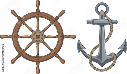 Vintage wooden ship wheel and metal anchor with rope vector set, nautical maritime icons for marine design