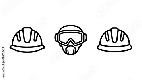 Safety equipment icons: hard hat, protective goggles and mask, and another hard hat.