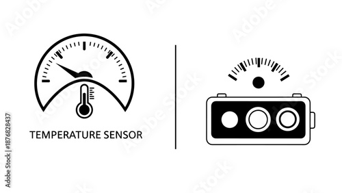 Icons for temperature monitoring: a dial thermometer and a digital sensor display.