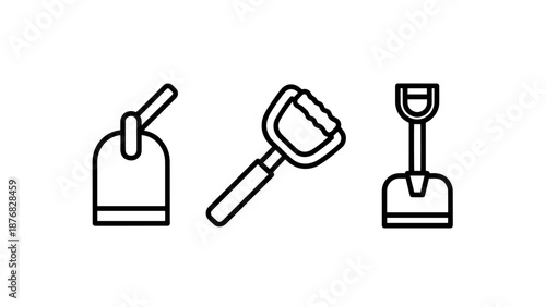 Set of three simple line icons for gardening tools: hoe, garden hoe, and shovel.