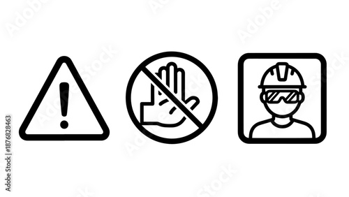 Icons for construction safety and warnings: exclamation mark alert, no entry hand, and worker with helmet.