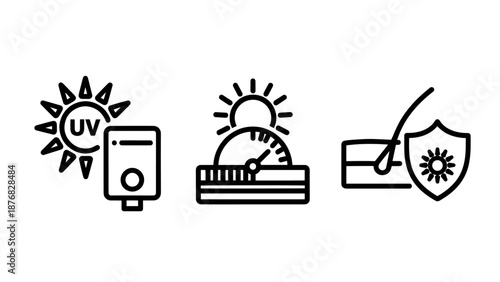 Icons for sun protection and skin care: UV radiation, heat measurement, and skin barrier shield.