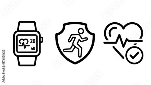 Icons related to health and fitness tracking: smartwatch with heart rate, running person in shield, and ECG graph for wellness and sports monitoring