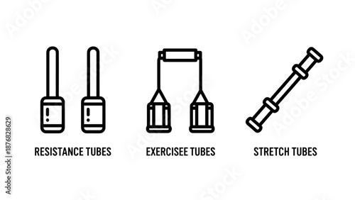 Line art icons for resistance, exercise, and stretch tubes, illustrating different types of fitness bands for strength training and flexibility