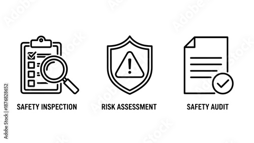 Icons for safety inspection checklist, risk assessment shield, and safety audit document, representing workplace safety and compliance