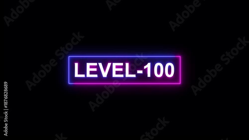 abstract neon level-100 text animation on black background.gaming level and upper level concept.