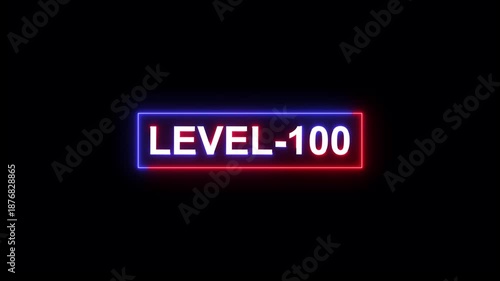abstract neon level-100 text animation on black background.gaming level and upper level concept.