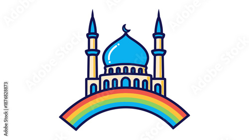Islamic mosque with rainbow: An artistic depiction of an Islamic mosque, complete with its iconic dome and minarets, sits majestically atop a vibrant rainbow, symbolizing peace and unity.
