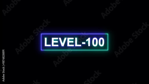 abstract neon level-100 text animation on black background.gaming level and upper level concept.