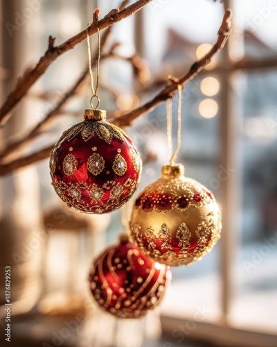 Elegant Christmas Ornaments Hanging on Decorative Tree Branch with Soft Natural Light in Background