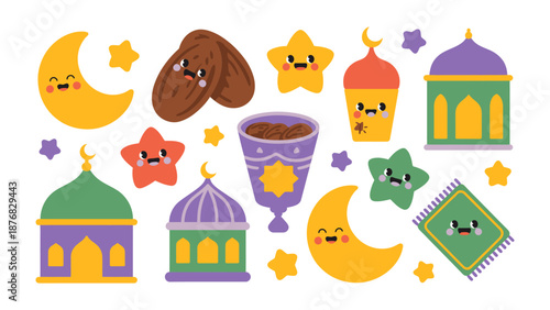 Celebrating Ramadan: A delightful arrangement of festive illustrations embodies the spirit of Ramadan, depicting the crescent moon, dates, lanterns, stars, mosques, and prayer rugs.