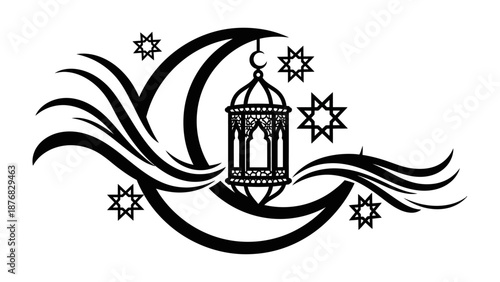 Islamic Symbol of Celebration: A beautifully crafted illustration of a crescent moon, a lantern, and stars, representing the essence of Islamic holidays, exuding tranquility and faith.