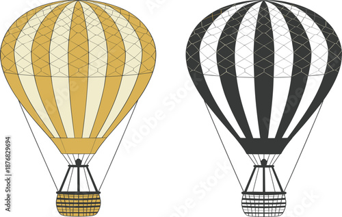 Vintage hot air balloon vector set with stripes, for travel adventure designs and retro air transportation projects