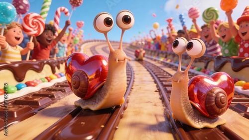 Two cute cartoon snails with shiny red heart shells race on chocolate candy tracks in a colorful festival parade, surrounded by cheering children holding lollipops and sweets.