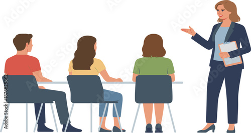 Professional business woman giving presentation to diverse audience group, female mentor coaching students in seminar session