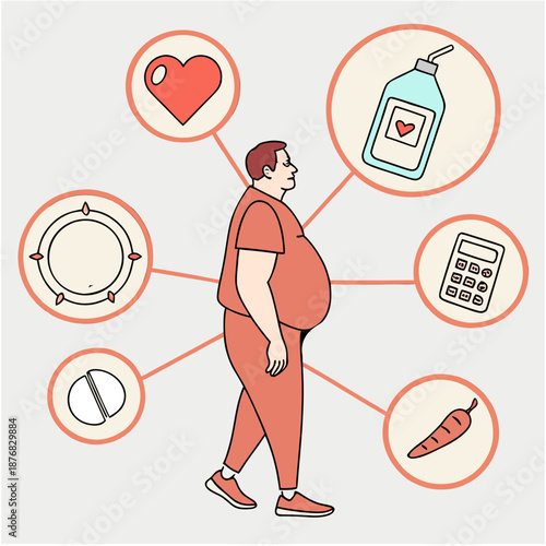 Overweight man health management diet exercise medication heart care concept
