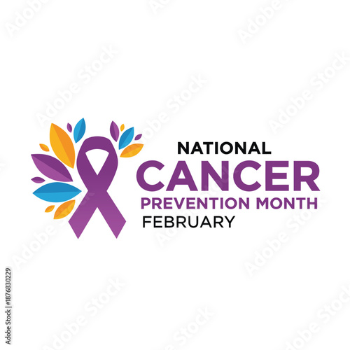National Cancer Prevention Month February Awareness Banner with Purple Ribbon and Colorful Leaves Icon for Healthcare Medical Education Campaigns