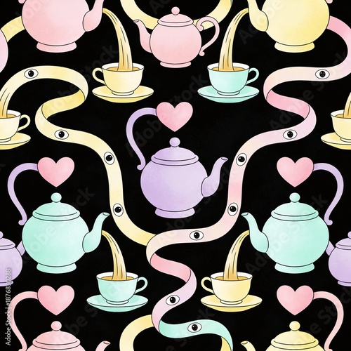 Seamless surreal pattern with pastel teapots, cups and flowing tea on black background, connected by wavy ribbons with eyes and pink hearts, whimsical magical design for prints.