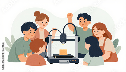 3D printer technology education with students learning STEM illustration