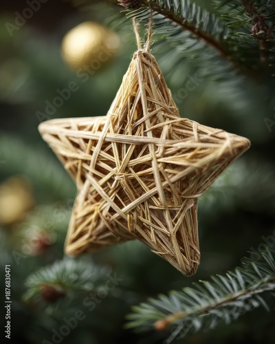 Rustic Straw Star Ornament Hanging on Evergreen Tree Branch with Blurred Golden Decorations