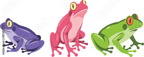 Colorful tropical tree frog vector characters set, including purple, pink and green amphibians for nature design