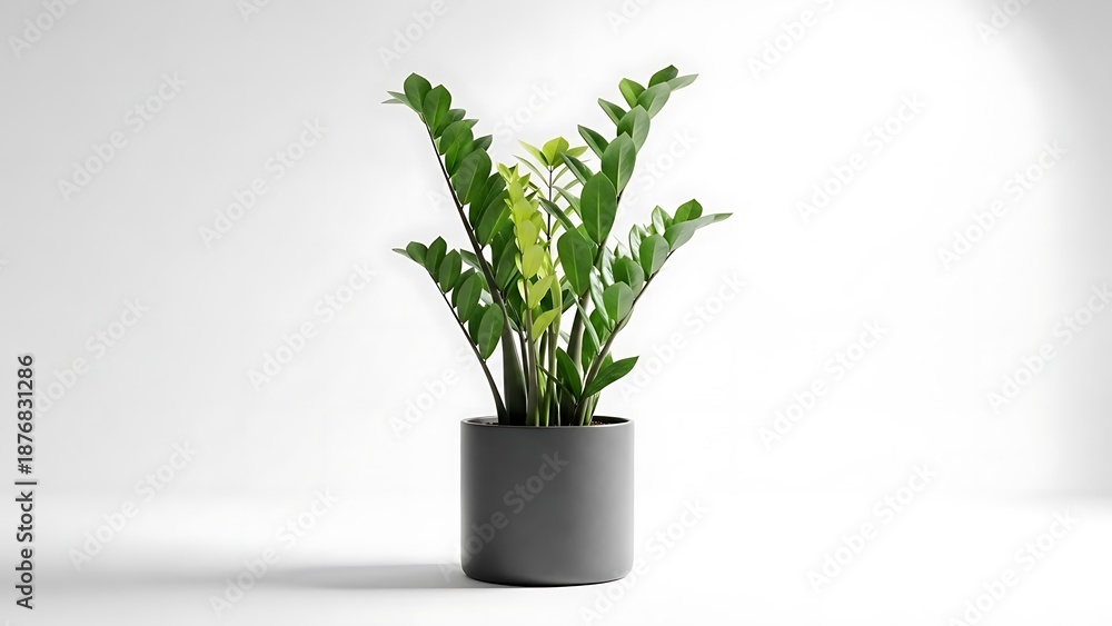 Obraz premium AZ plant in a modern grey cylindrical pot against a clean white background with soft studio lighting