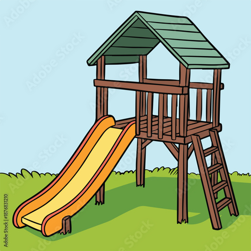 A summer illustration of a wooden playground for children in a park featuring a beach lifeguard house structure with a blue sky window and vector design architecture