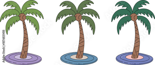 Tropical coconut palm trees on island vector set, for summer vacation beach design and travel posters