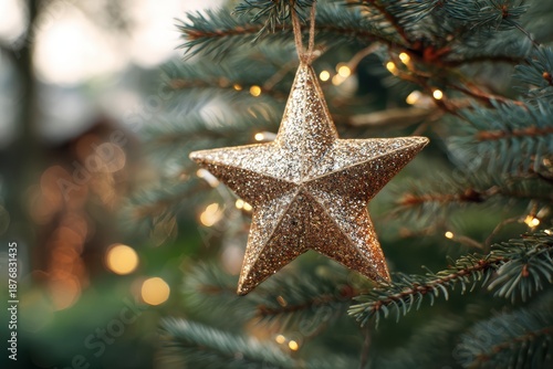Sparkling Golden Star Ornament Hanging on Christmas Tree with Soft Bokeh Lights in Background