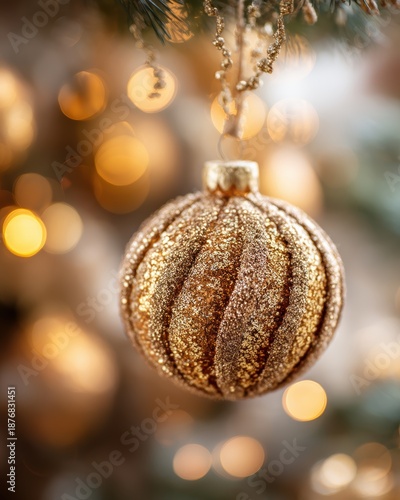 Glittering Gold Christmas Ornament Hanging on Festive Tree with Soft Bokeh Background