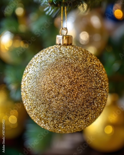 Shimmering Gold Christmas Ornament Hanging on a Pine Tree Branch with Blurred Lights in the Background