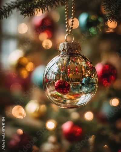 Shimmering Christmas Ornament Hanging on a Festively Decorated Tree with Colorful Lights and Blurred Background