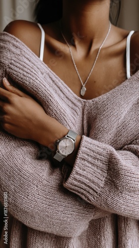 Close up of a woman wearing a stylish rose gold mesh strap wristwatch and a delicate silver stone pendant necklace over a soft lavender knit sweater.