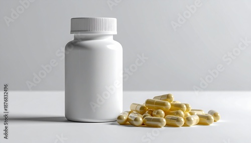 White Pill Bottle and Gold Capsules on White Surface in Bright Lighting