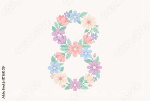 Floral arrangement forming the shape of the number eight with pastel colors and various flower designs throughout