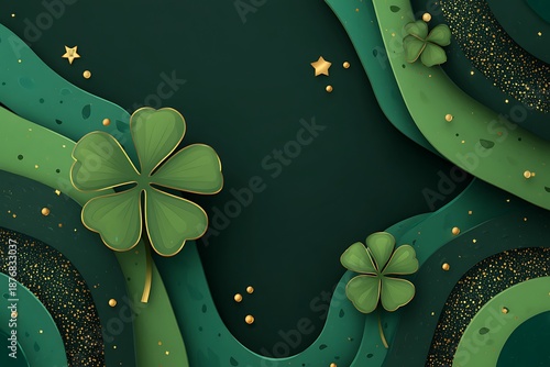 Abstract background with layered green clovers and golden sparkle details