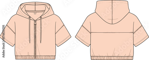 Front and back technical sketch of short-sleeve hooded zip-up jacket with elastic hem and seam details for fashion design and garment reference.