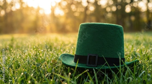 Green hat resting on lush grass with sunlight illuminating the scene creating a warm and inviting atmosphere