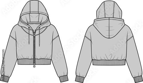 Front and back technical sketch of cropped hoodie with zipper and drawstring hood for fashion design, garment construction, and apparel illustration reference.