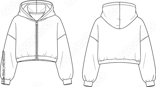 Front and back technical sketch of cropped hoodie with zipper, dropped shoulders, and seam details for fashion design and garment construction reference.