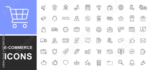 E-Commerce icon set with editable stroke. Online shopping icons for web and mobile app. Business, mobile shop, digital marketing, bank card, gifts, sale, delivery. Vector illustration