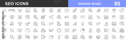 SEO - search engine optimization thin line icons set. Search Engine Optimization. Business, traffic, optimization, target. Editable stroke. Search Engine and Marketing icons for web and mobile app.